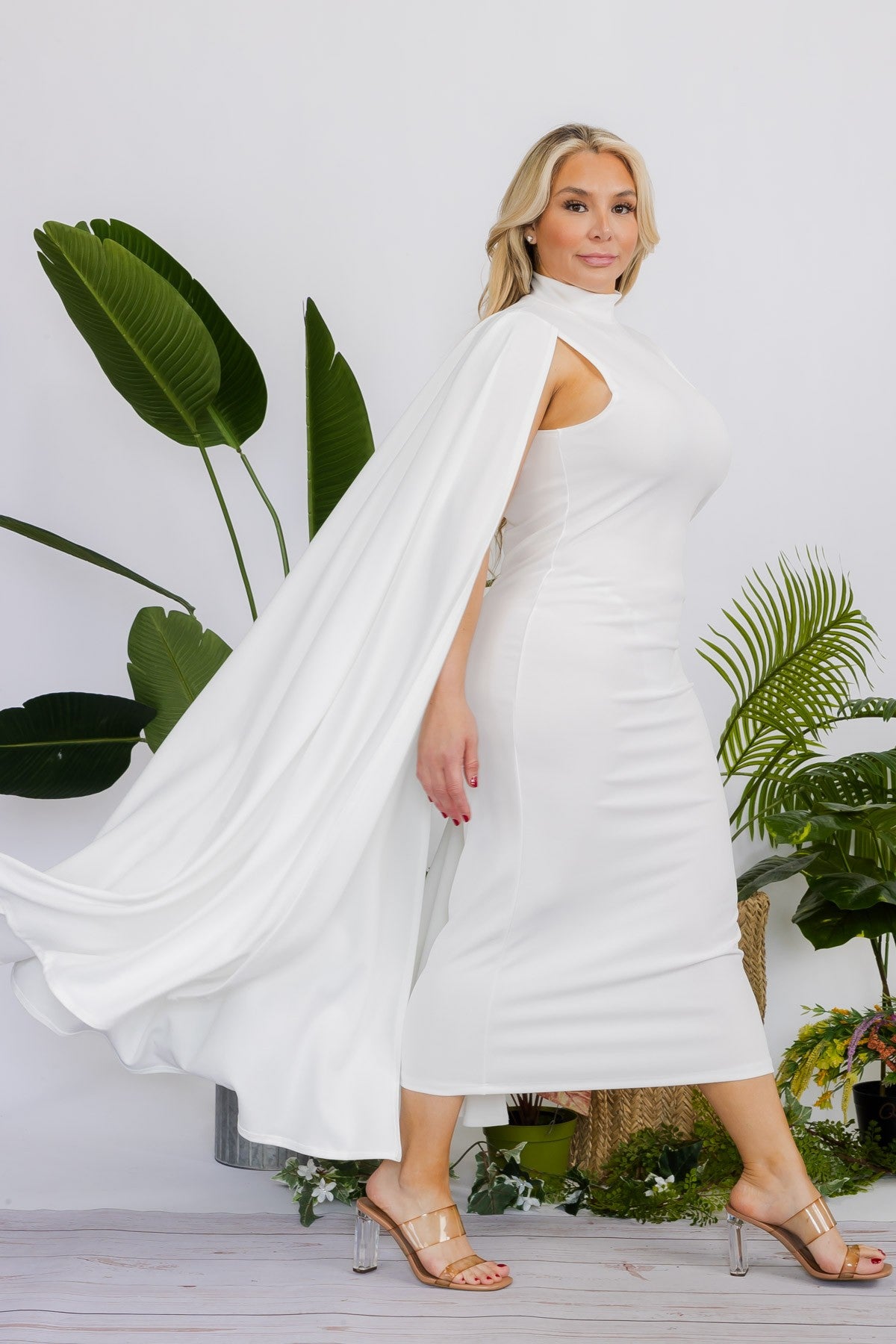 Classic White Cape Midi Dress