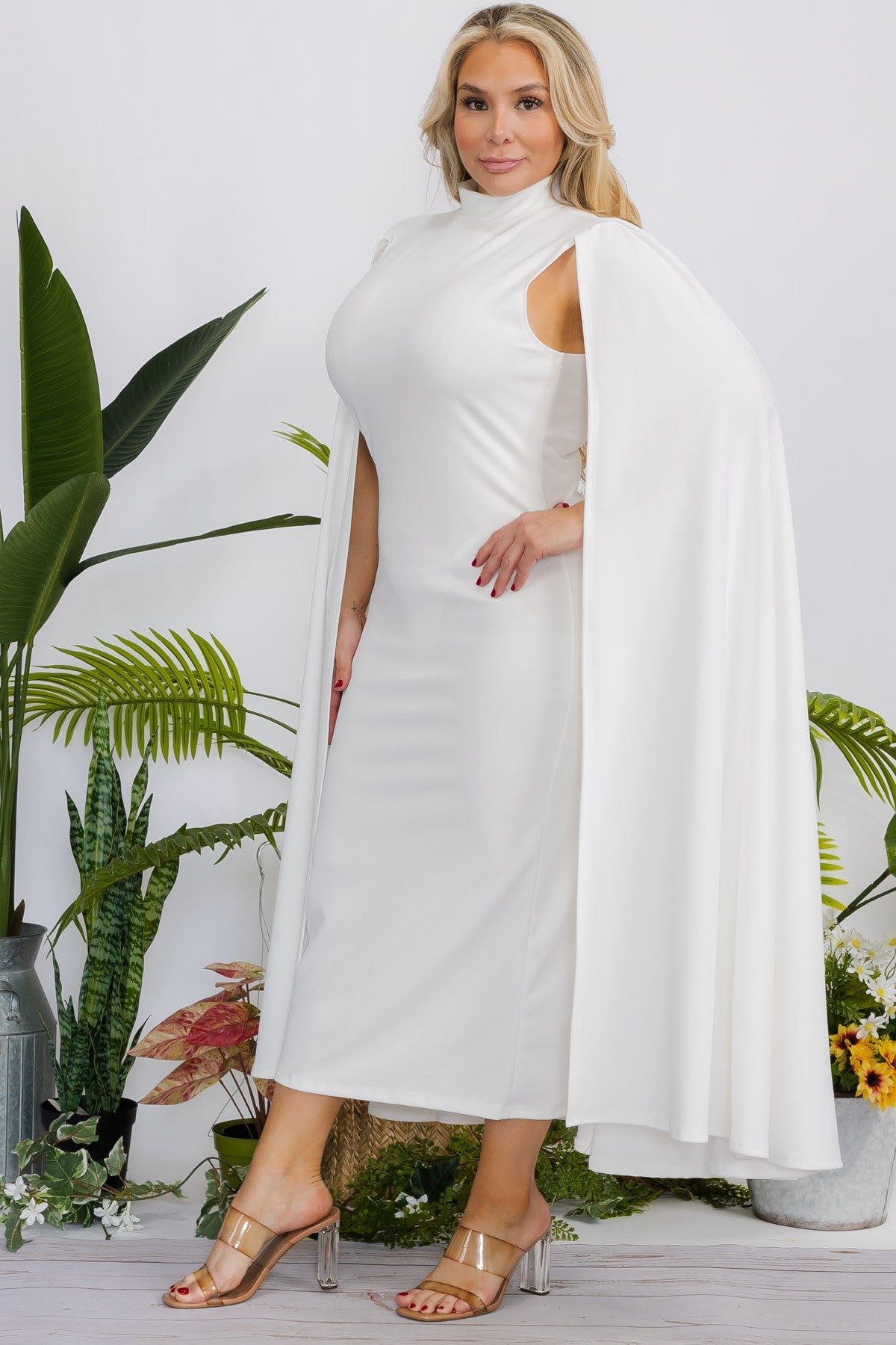 Classic White Cape Midi Dress